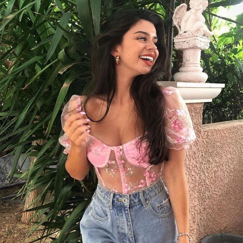 Embroidered Mesh T-Shirt with Cotton Chest Detail