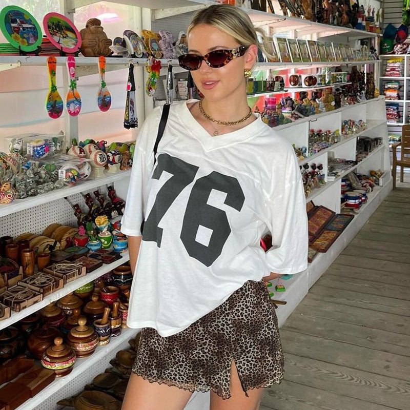 Printed Loose V-neck T-shirt