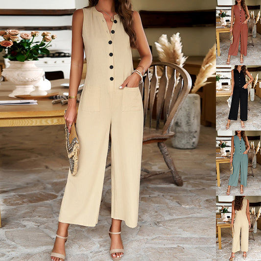 Wide Leg Jumpsuit With Button Design