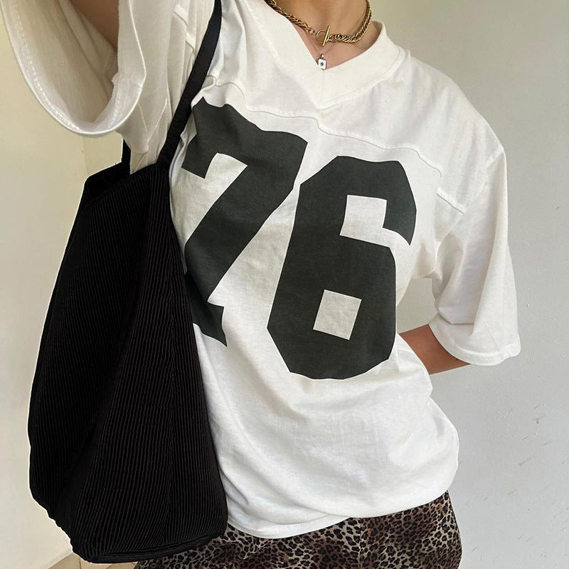 Printed Loose V-neck T-shirt